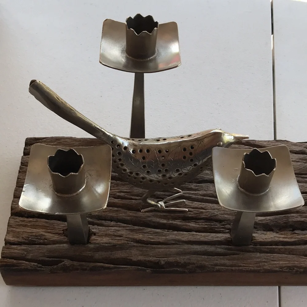 Pottery Barn Rustic Wood with Pierced Metal Bunny and Birds Taper Candle Holder - Picture 4 of 11